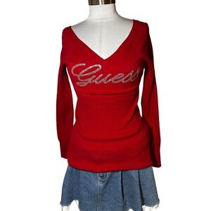 Vintage Guess Sweater Medium Red Rhinestone Logo V-Neck Long Sleeve